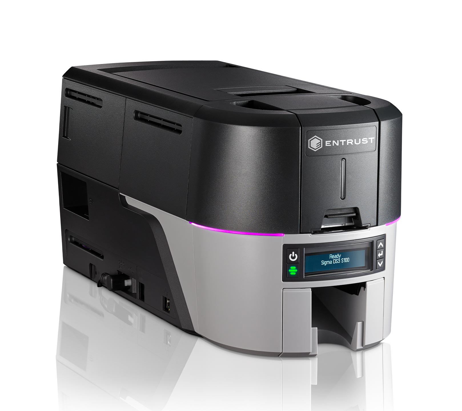 ID Card Printers and Supplies | ID CardSolutions - Entrust Sigma DS3 ID Card Printer ID CardSolutions - Sigma_DS3_Left ID Card Printers and Supplies | ID CardSolutions - Front-right view of an Entrust office printer with a purple light strip and control panel