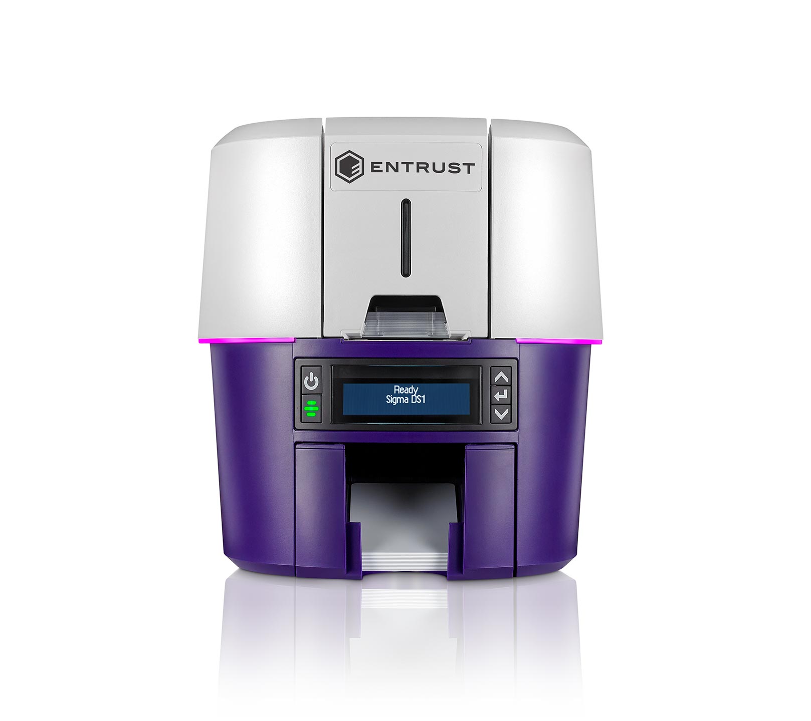 Sigma-DS1-Straight-High-Res Front view of a purple Entrust 3D printer with a control panel showing 'Ready Sigma DS1' on the display.