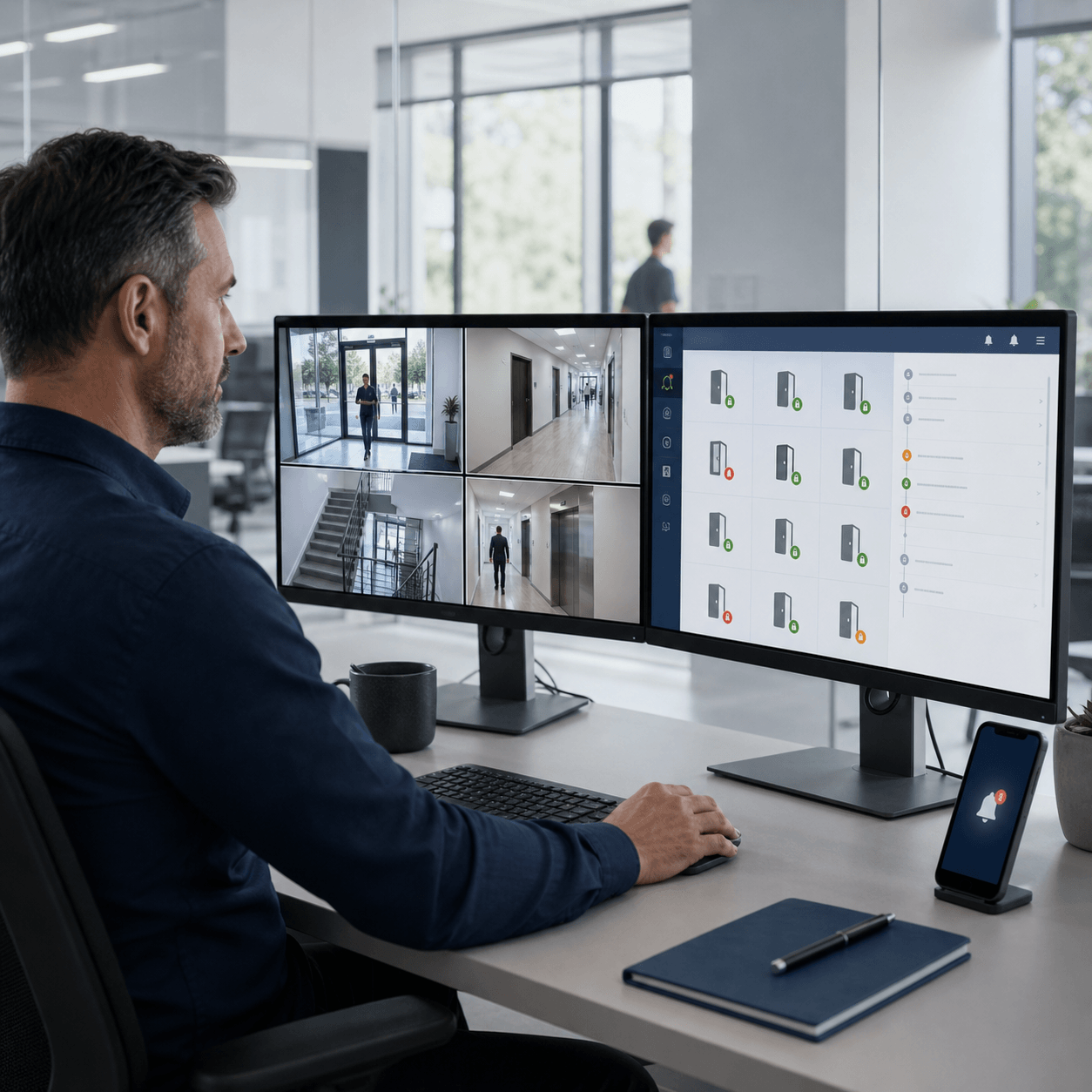 Access Control Systems and Secure Credentials ID Card Solutions - integrated-security Man at a desk monitors multiple security camera feeds on dual monitors in an office control room.
